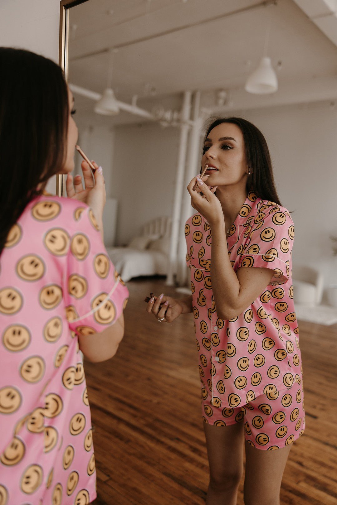 Pink Smiley Face Satin Pajamas Set - Styled by Ashley Brooke