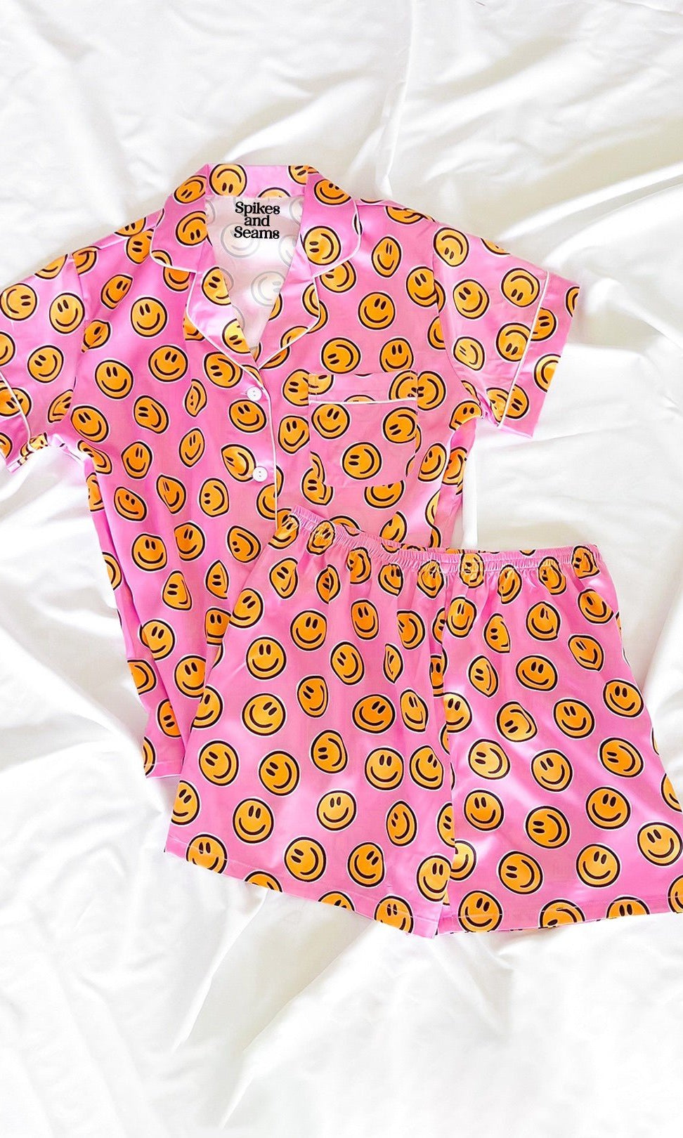Pink Smiley Face Satin Pajamas Set - Styled by Ashley Brooke