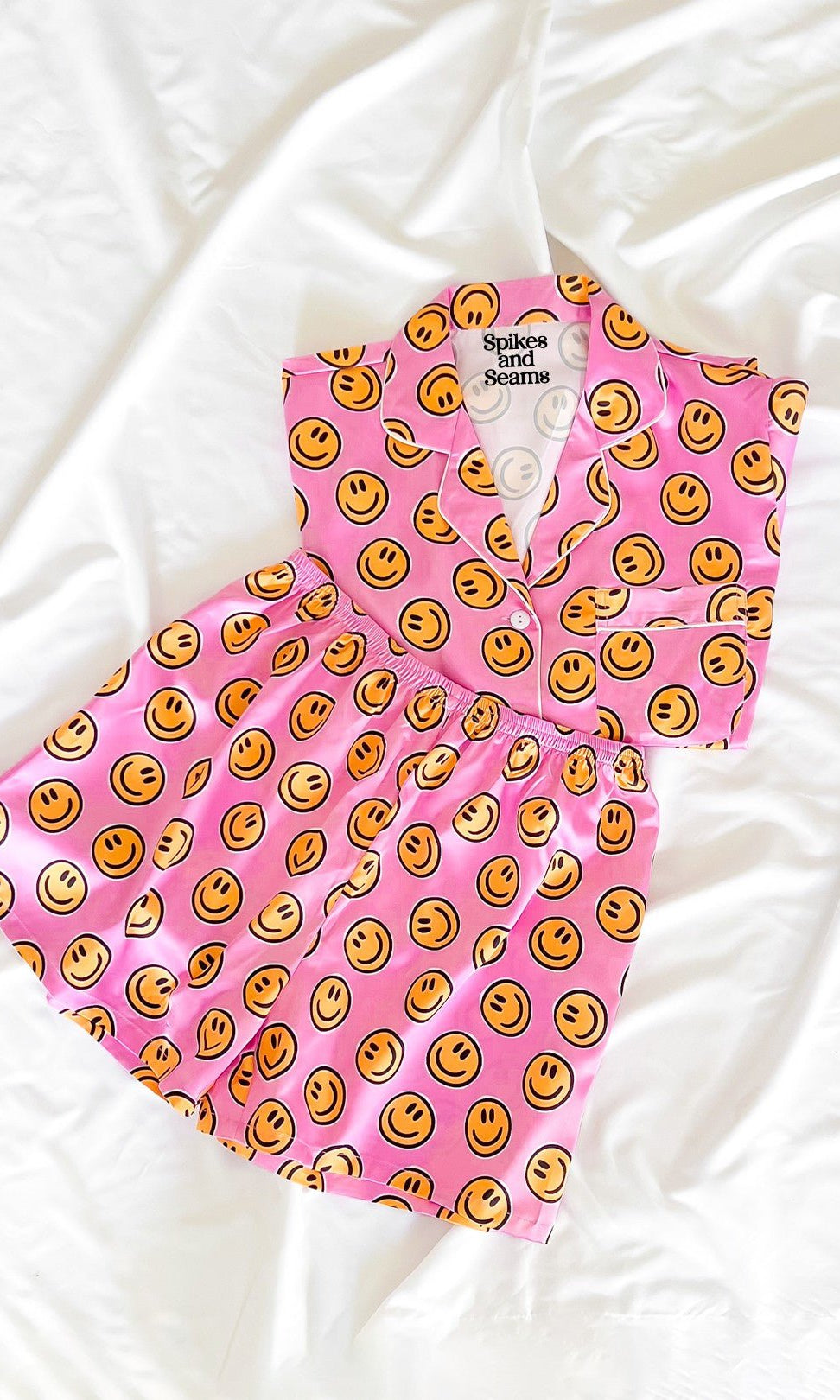 Pink Smiley Face Satin Pajamas Set - Styled by Ashley Brooke