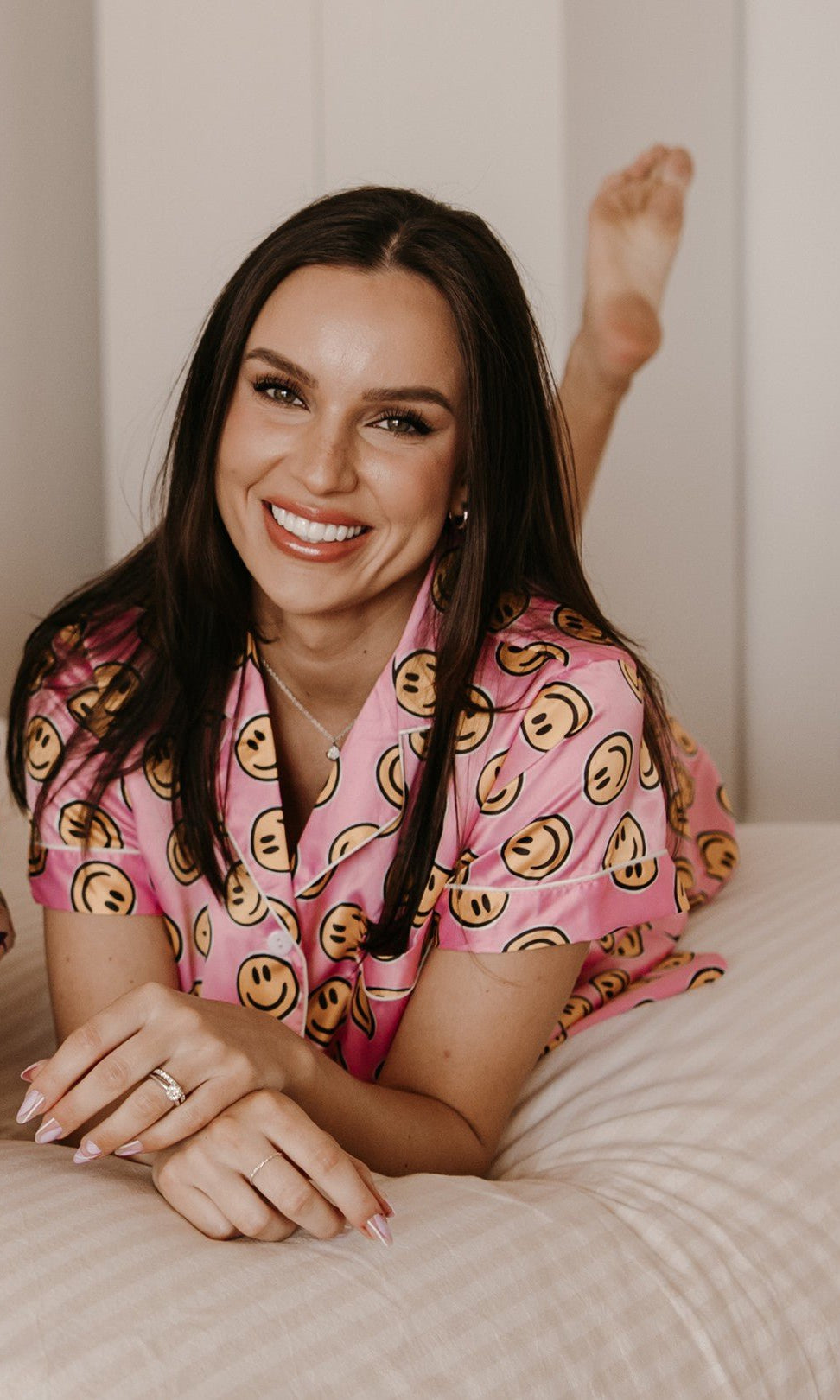Pink Smiley Face Satin Pajamas Set - Styled by Ashley Brooke