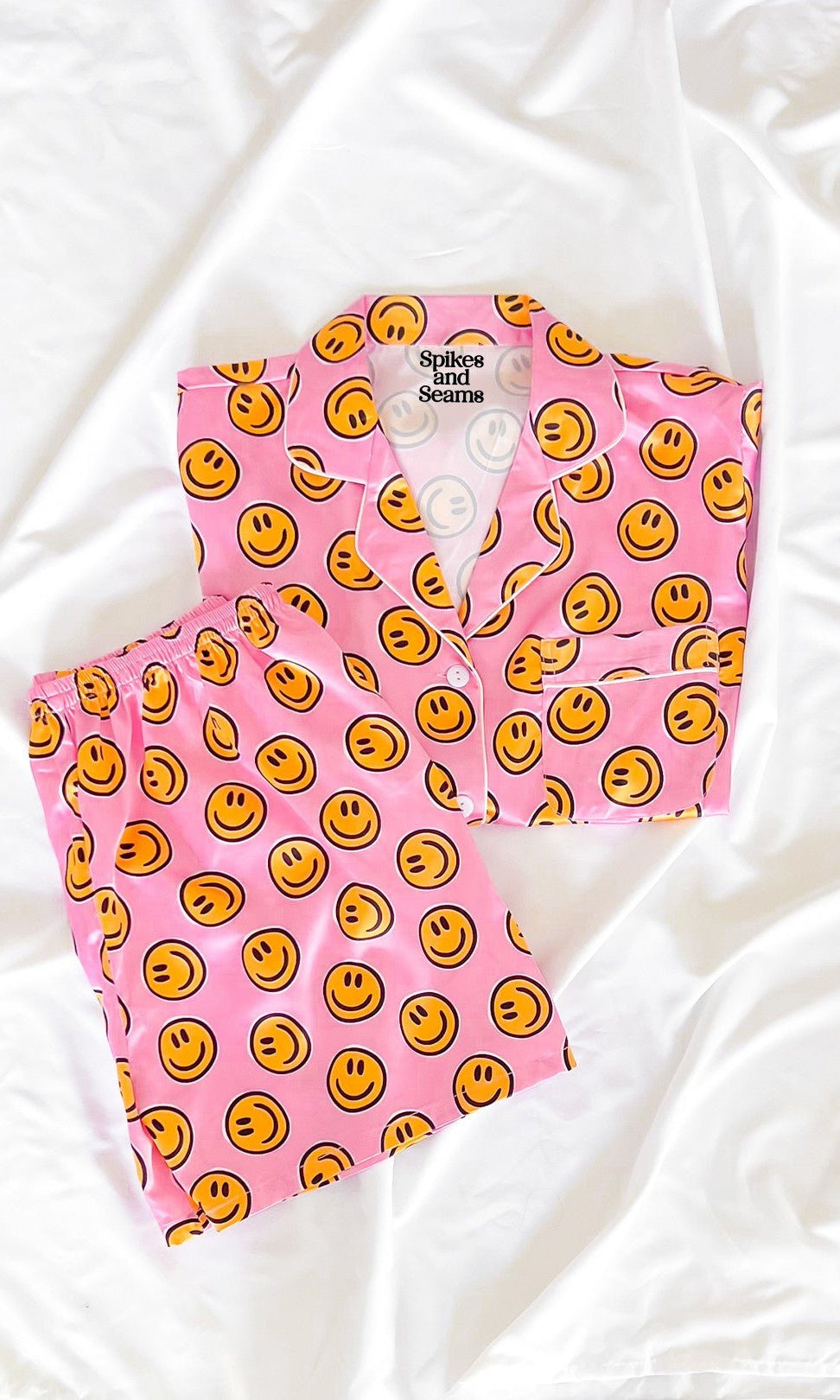 Pink Smiley Face Satin Pajamas Set - Styled by Ashley Brooke