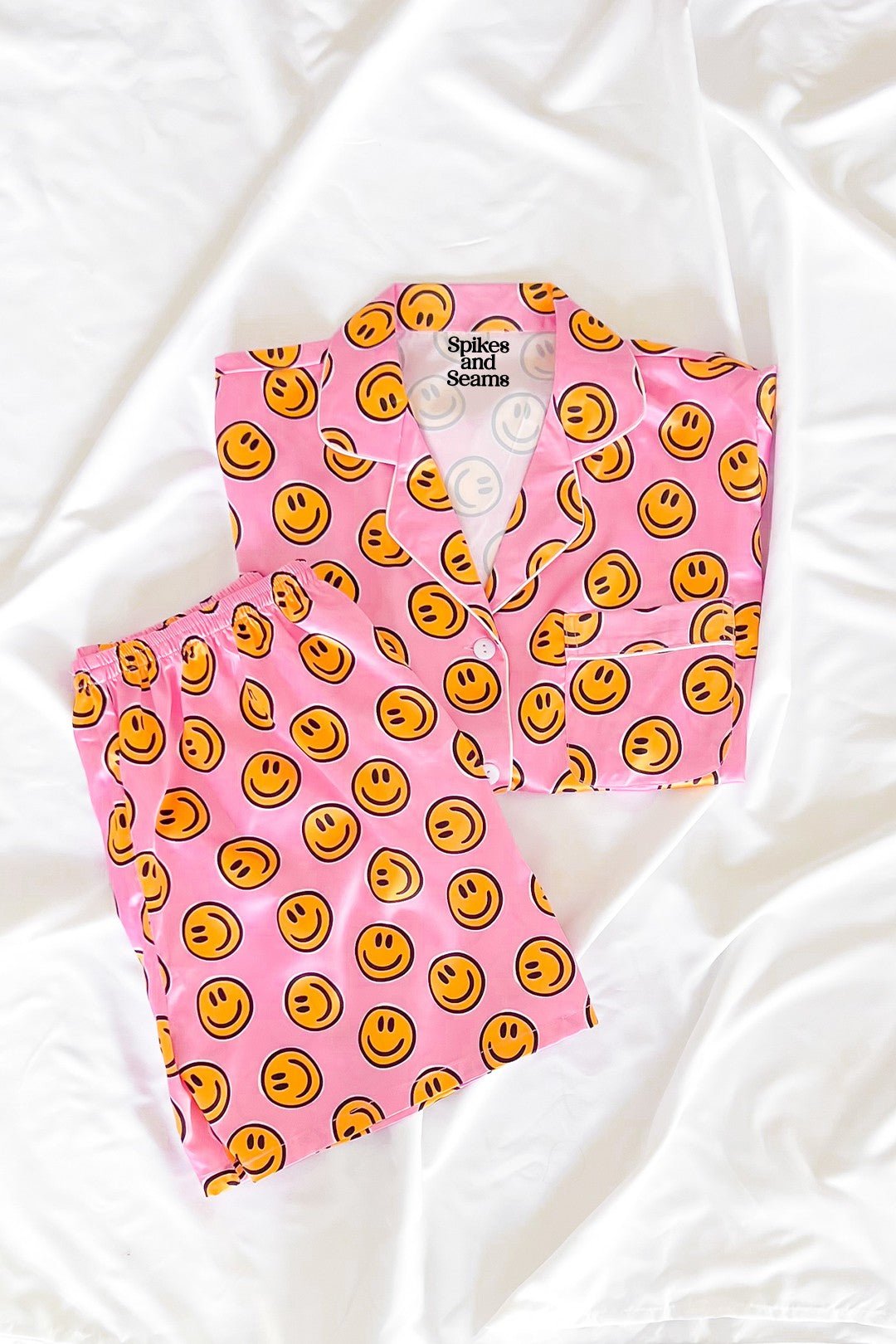 Pink Smiley Face Satin Pajamas Set - Styled by Ashley Brooke