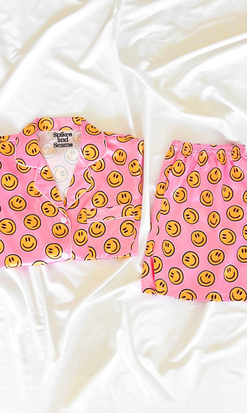 Pink Smiley Face Satin Pajamas Set - Styled by Ashley Brooke