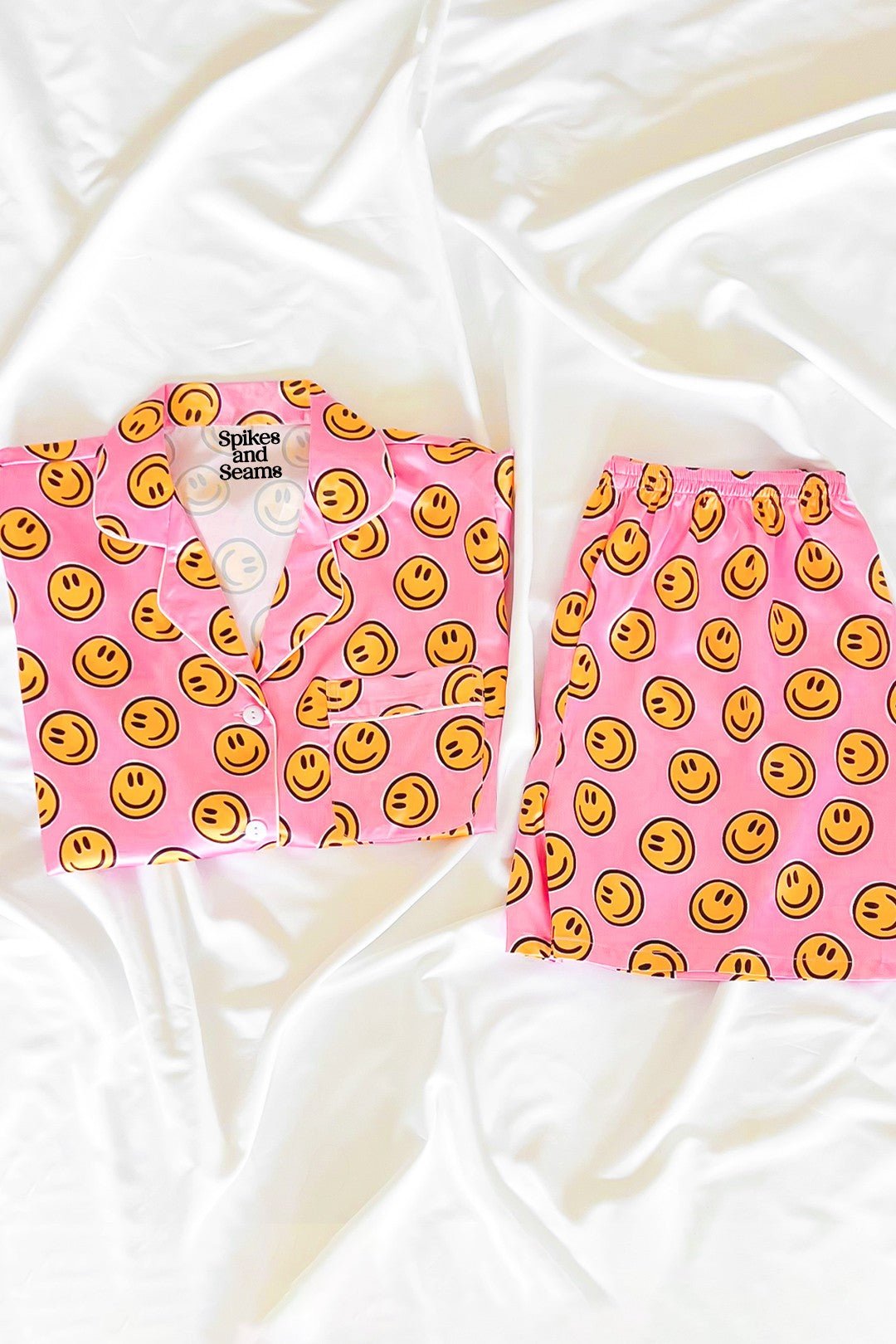 Pink Smiley Face Satin Pajamas Set - Styled by Ashley Brooke
