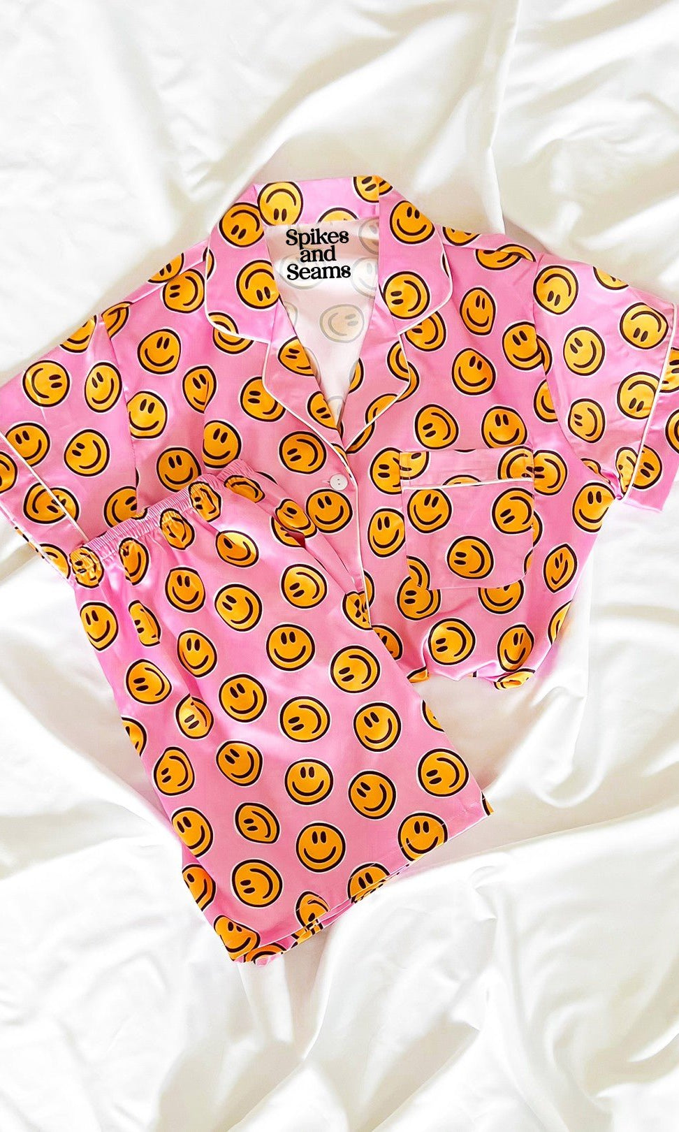 Pink Smiley Face Satin Pajamas Set - Styled by Ashley Brooke