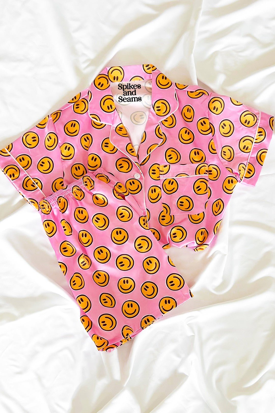 Pink Smiley Face Satin Pajamas Set - Styled by Ashley Brooke