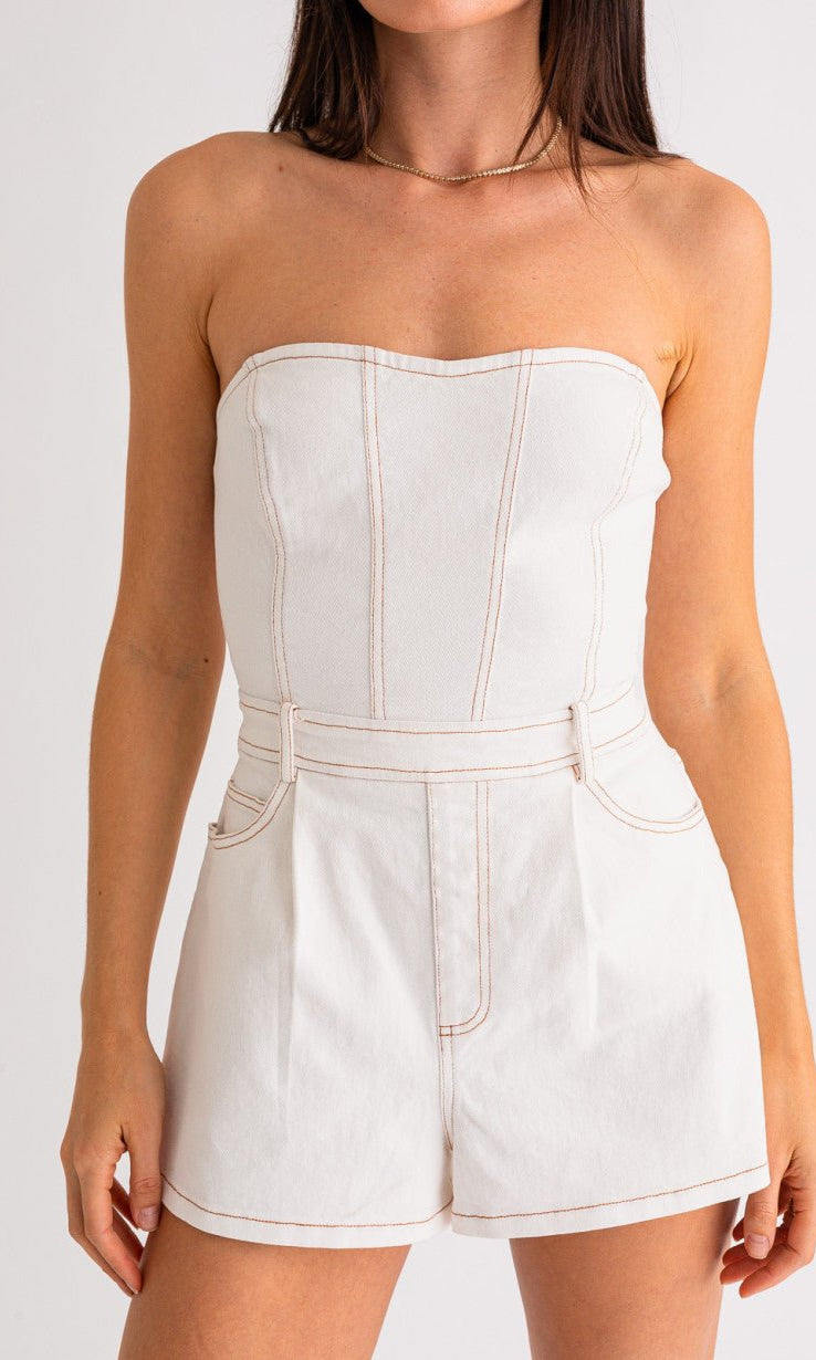 Strapless White Denim Romper - Styled by Ashley Brooke