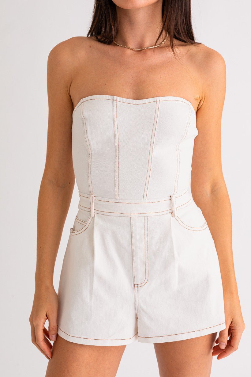 Strapless White Denim Romper - Styled by Ashley Brooke