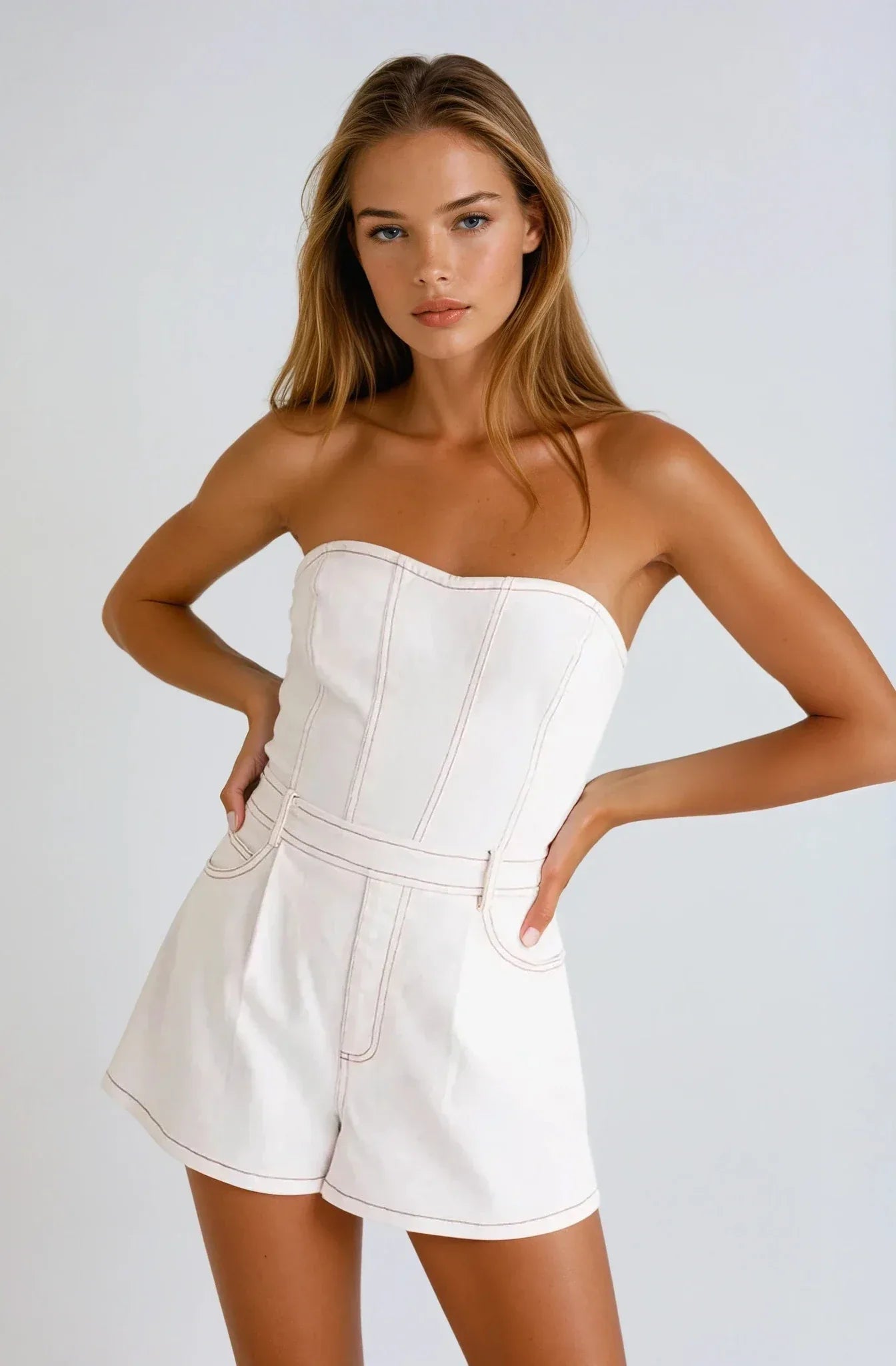 Strapless White Denim Romper - Styled by Ashley Brooke