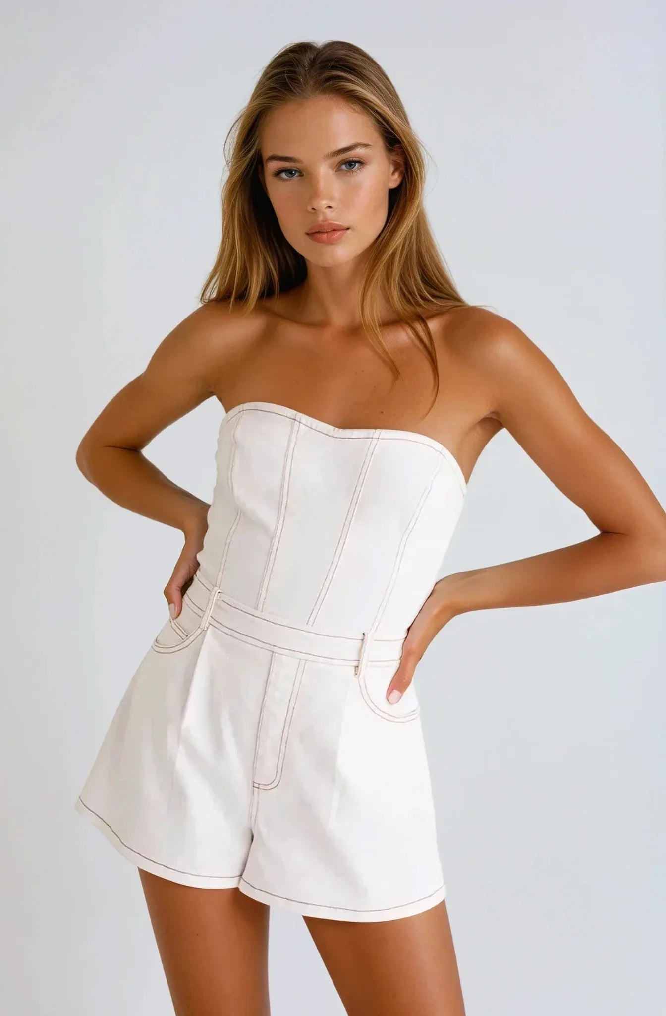 Strapless White Denim Romper - Styled by Ashley Brooke