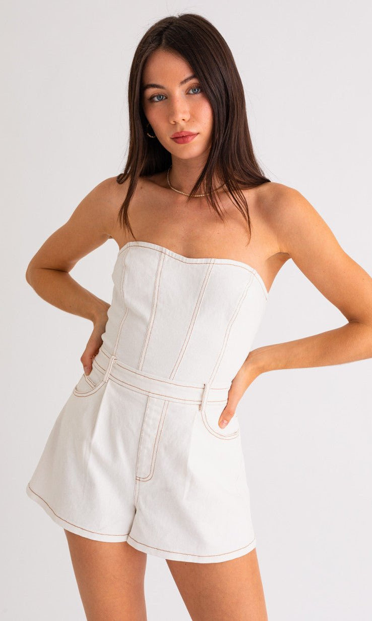 Strapless White Denim Romper - Styled by Ashley Brooke