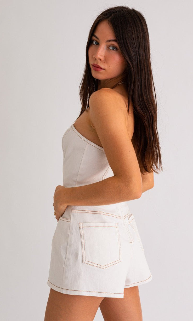 Strapless White Denim Romper - Styled by Ashley Brooke