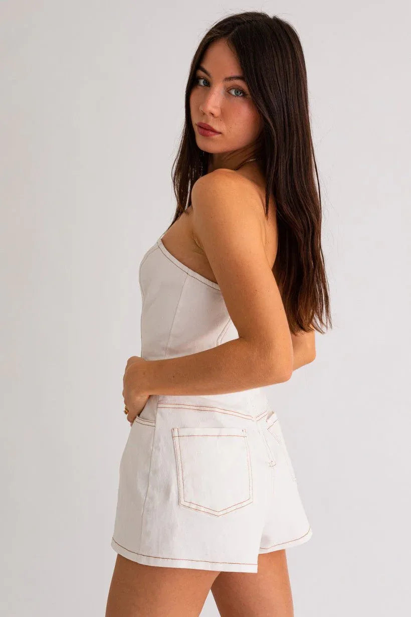Strapless White Denim Romper - Styled by Ashley Brooke