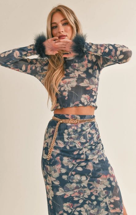 Vegan Feather Trim Floral Print Long Sleeve Top - Styled by Ashley Brooke