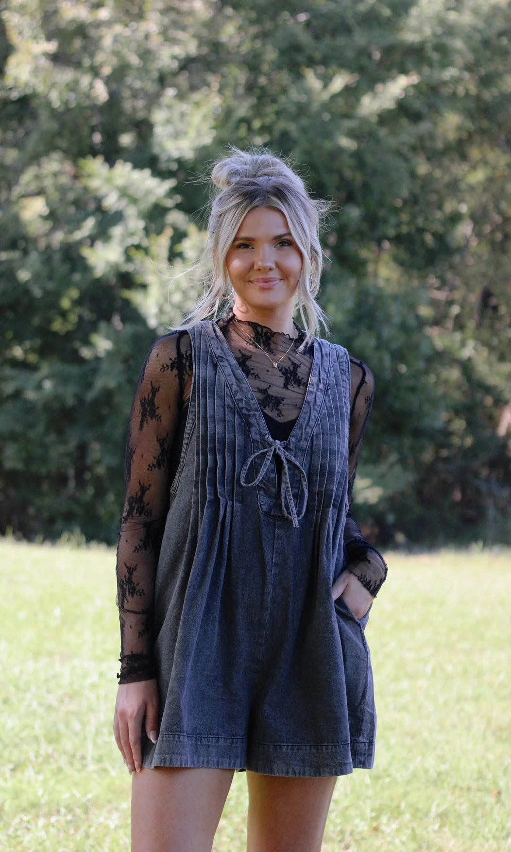 Webster Front - Tie Denim Romper (Dark Grey) - Styled by Ashley Brooke