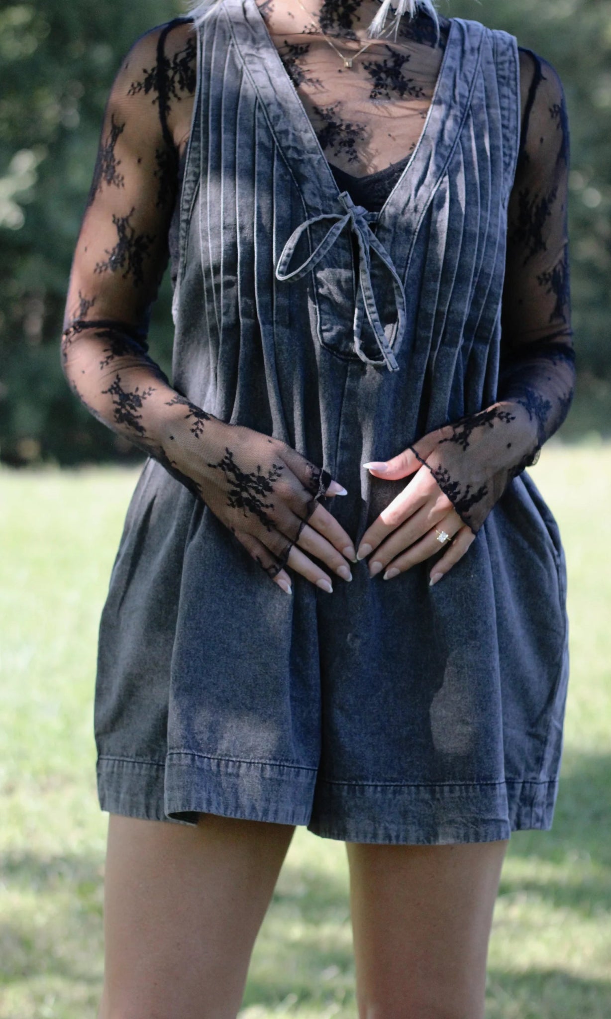 Webster Front - Tie Denim Romper (Dark Grey) - Styled by Ashley Brooke