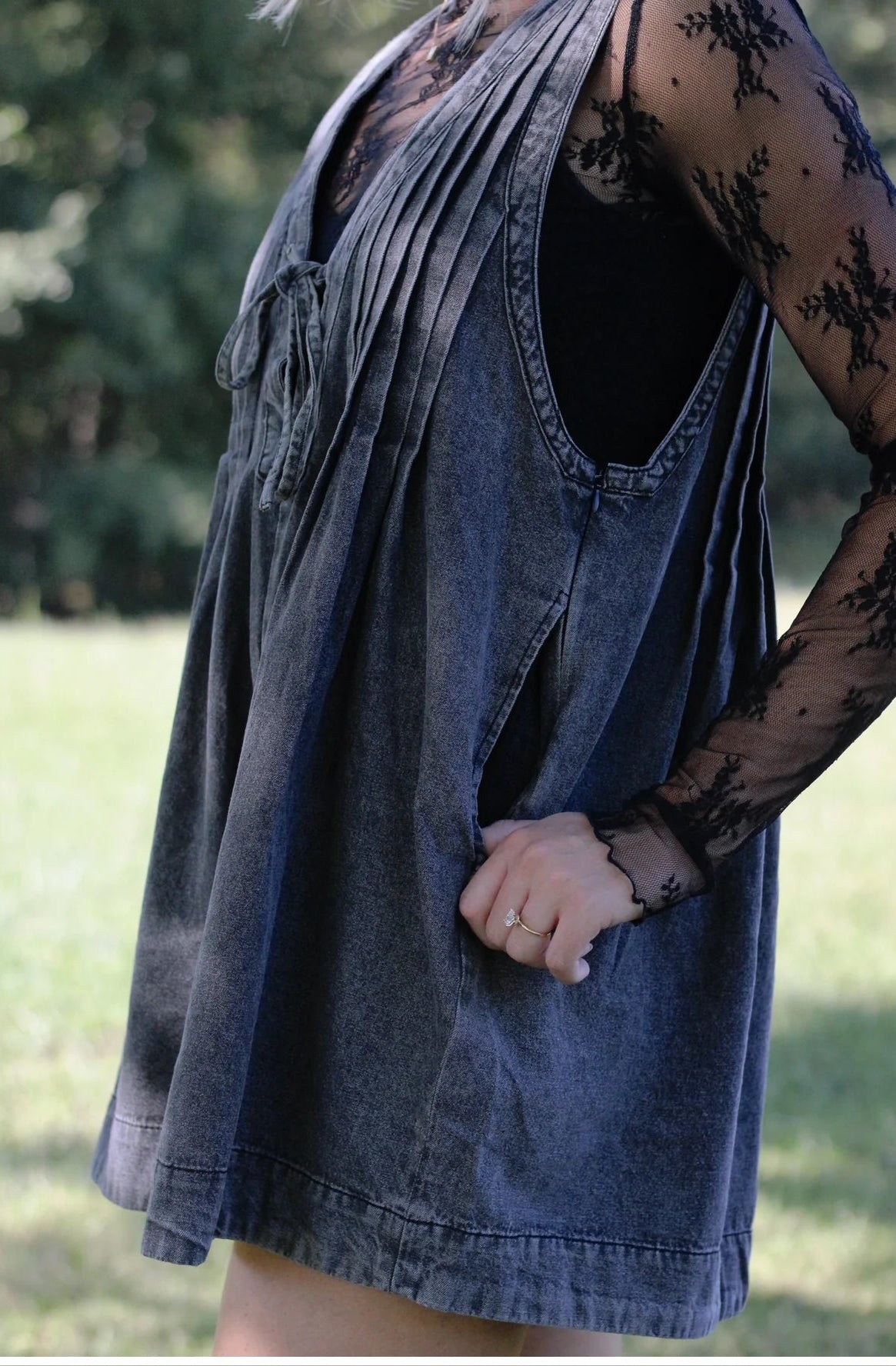 Webster Front - Tie Denim Romper (Dark Grey) - Styled by Ashley Brooke