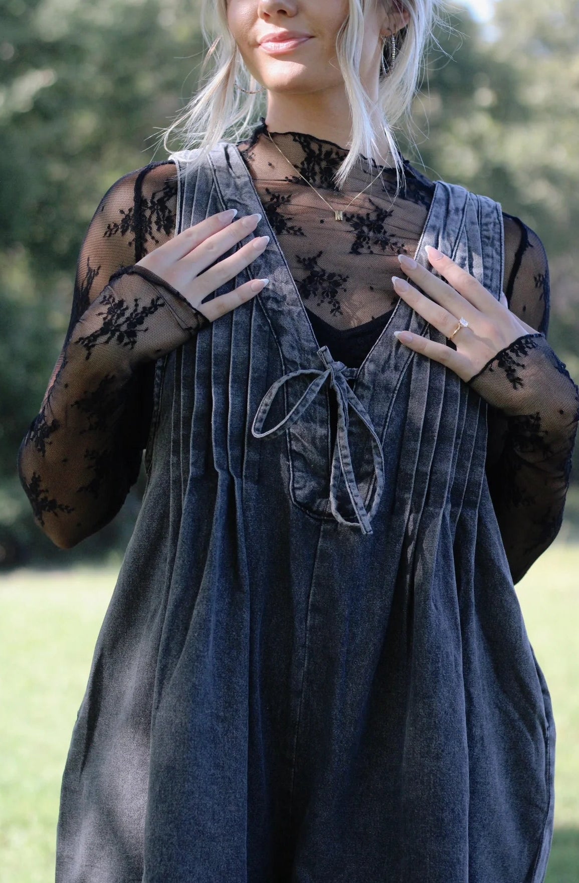 Webster Front - Tie Denim Romper (Dark Grey) - Styled by Ashley Brooke