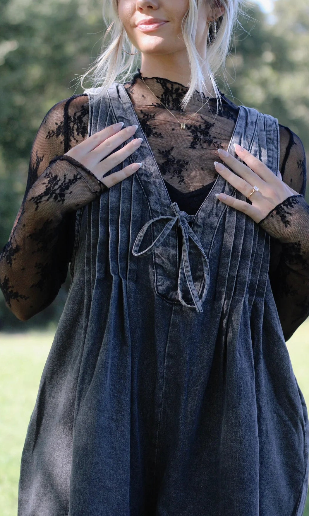 Webster Front - Tie Denim Romper (Dark Grey) - Styled by Ashley Brooke