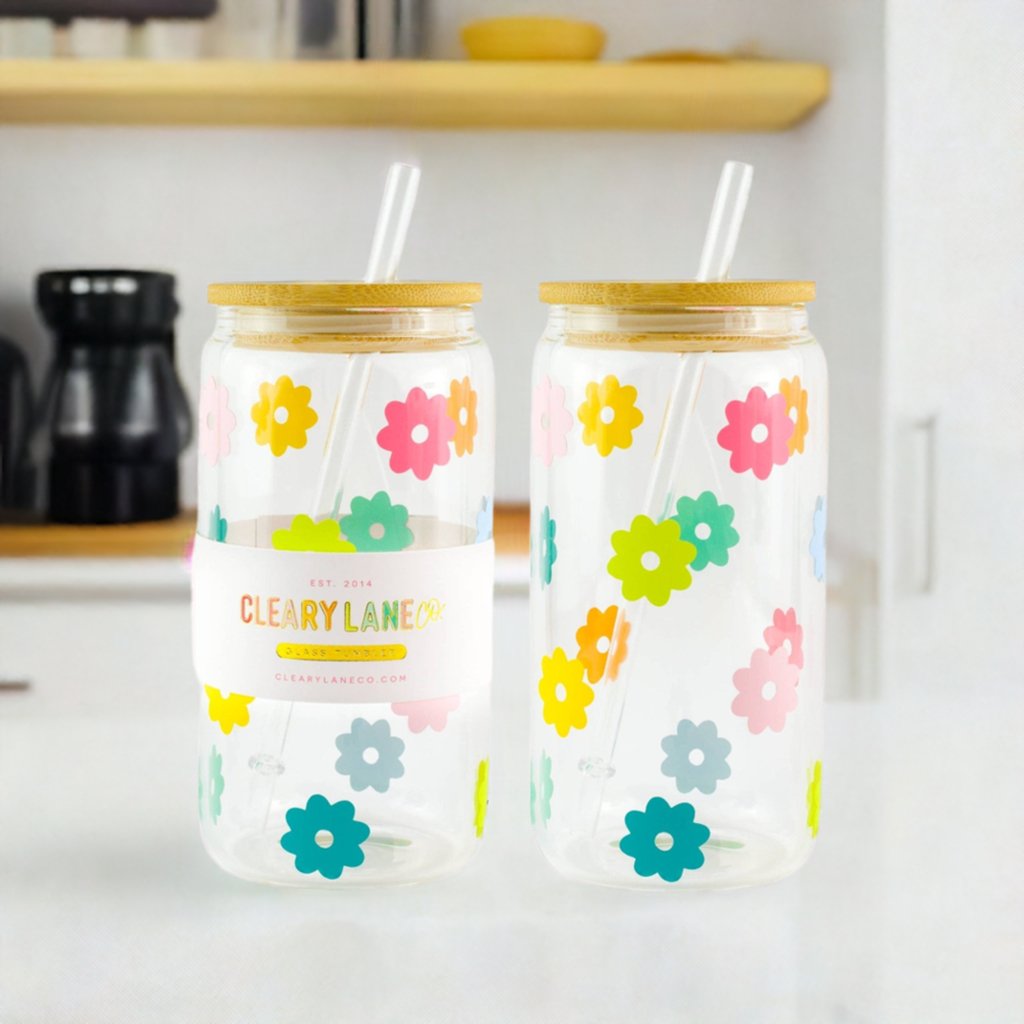 16oz Rainbow Flowers Print Glass Tumbler with Bamboo Lid and Straw - Styled by Ashley Brooke