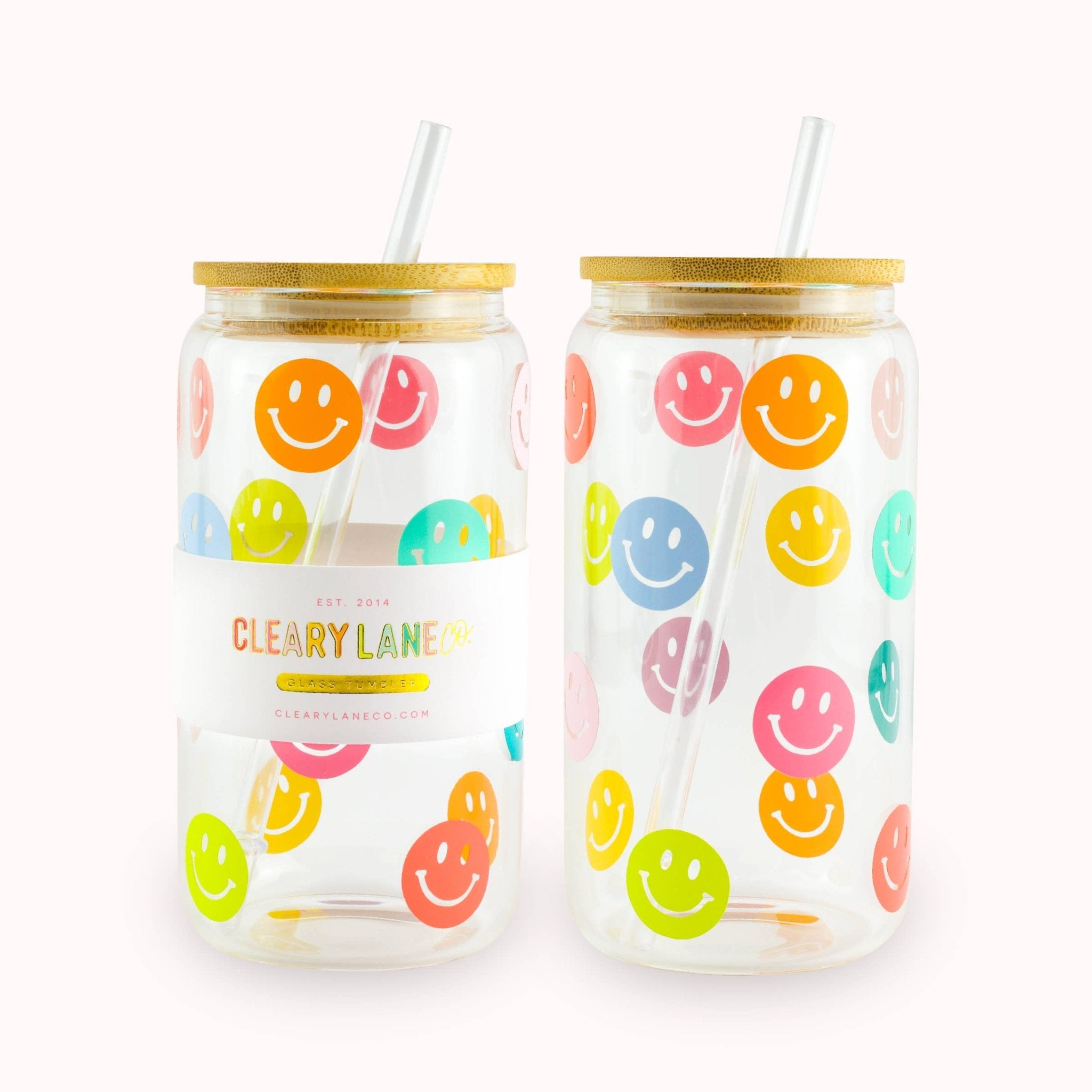 16oz Rainbow Smiley Face Print Glass Tumbler with Bamboo Lid and Straw - Styled by Ashley Brooke