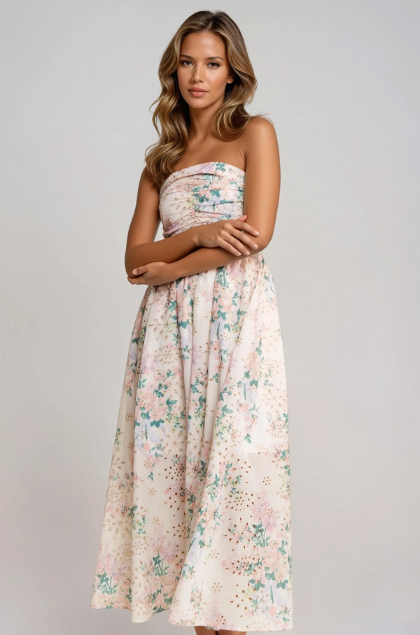 PRE-ORDER: Floral Eyelet Ruched Strapless Midi Dress
