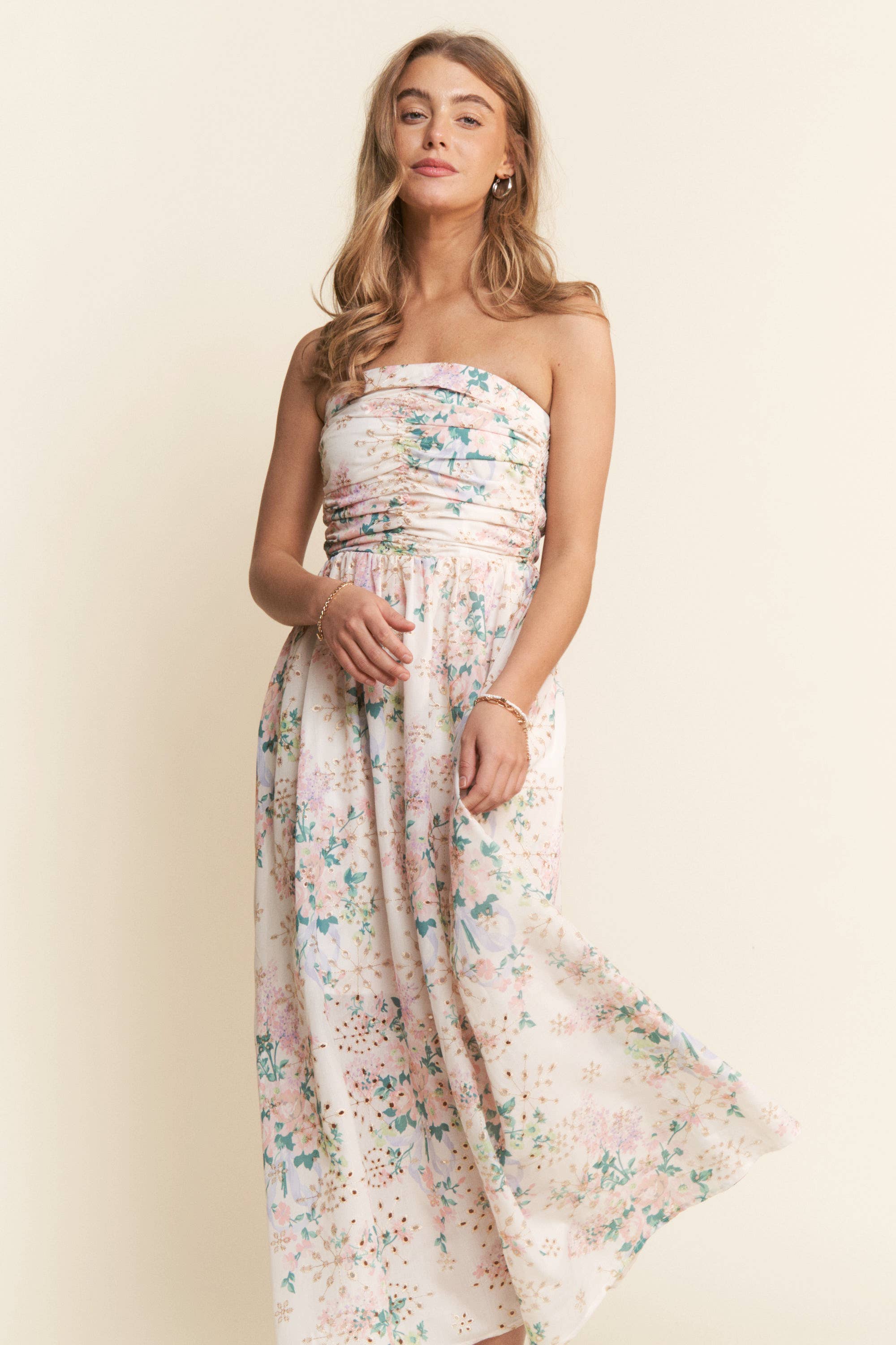Floral Eyelet Ruched Strapless Midi Dress - Styled by Ashley Brooke