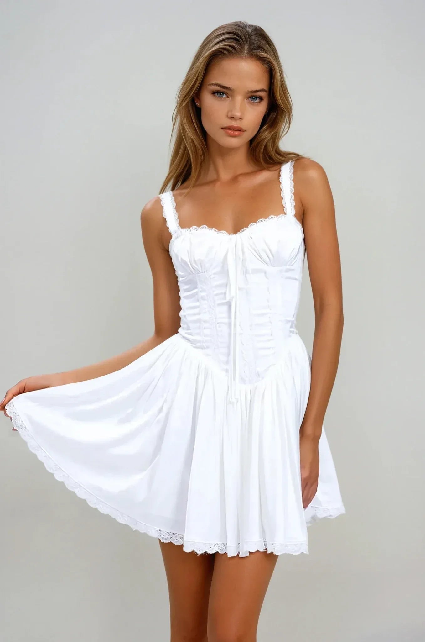 White Satin Corset Lace Trim Mini Dress - Adjustable Straps | Styled by Ashley Brooke Small White Satin Corset Lace Trim Mini Dress - Adjustable Straps | Styled by Ashley Brooke Small