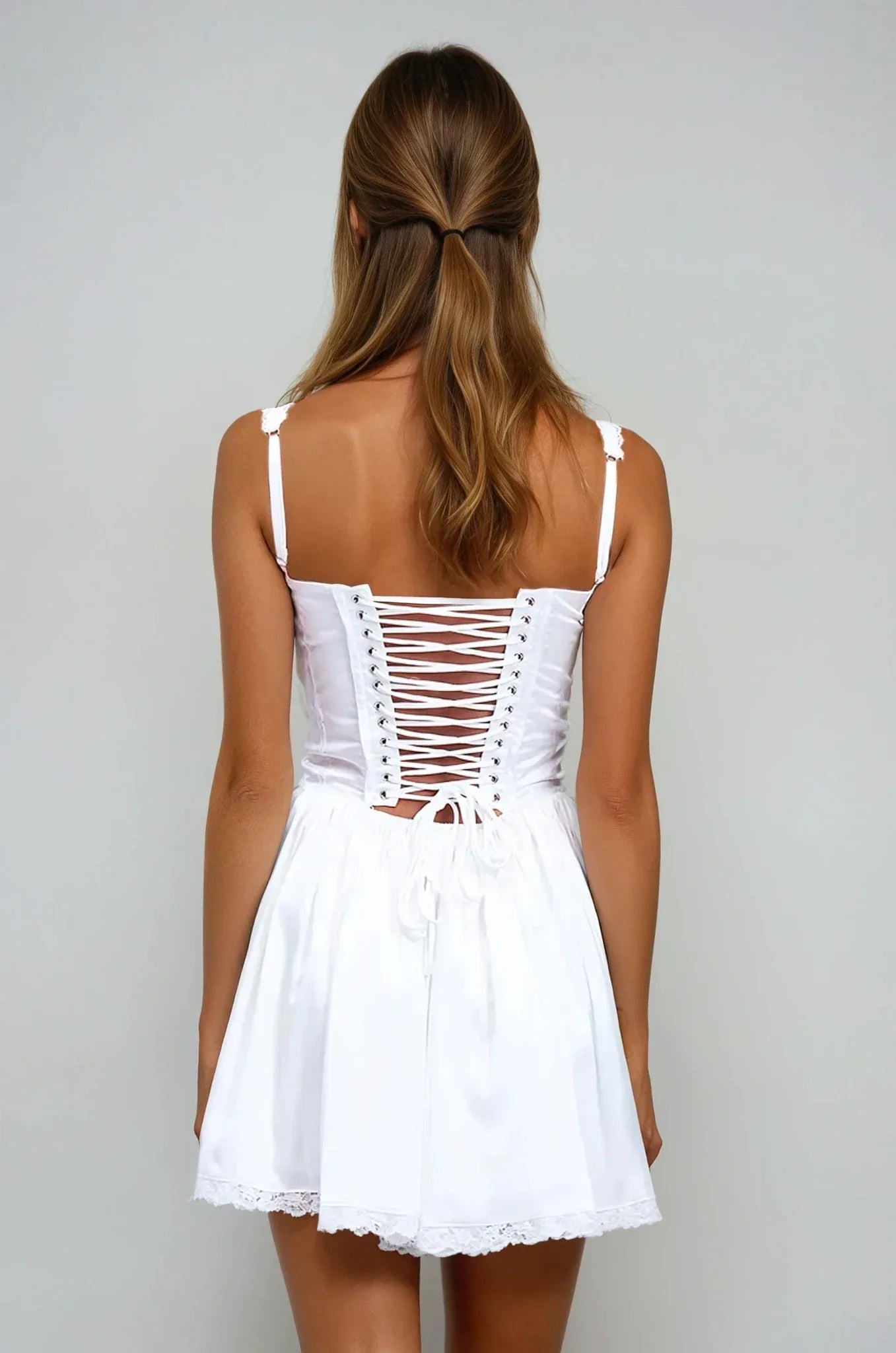 White Satin Corset Lace Trim Mini Dress - Adjustable Straps