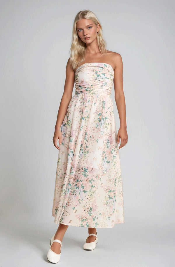 PRE-ORDER: Floral Eyelet Ruched Strapless Midi Dress