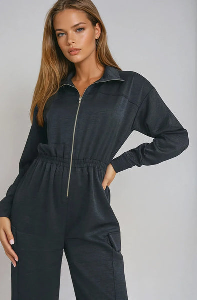 Long Sleeve Black Jumpsuit - Zip-Up Utility Jumpsuit with Pockets