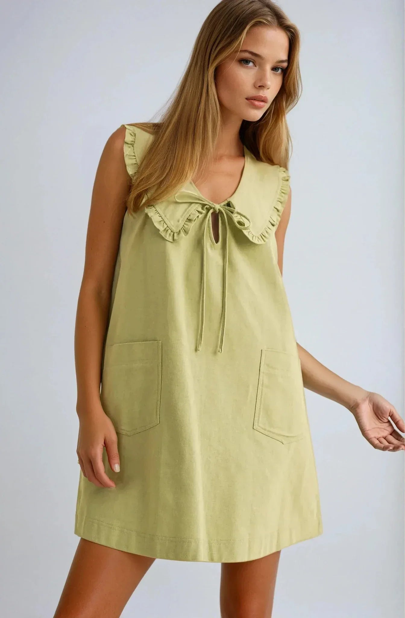 Frill Collar Olive Mini Dress - Bow-Tie Detail with Pockets | Styled by Ashley Brooke Small Frill Collar Olive Mini Dress - Bow-Tie Detail with Pockets | Styled by Ashley Brooke Small
