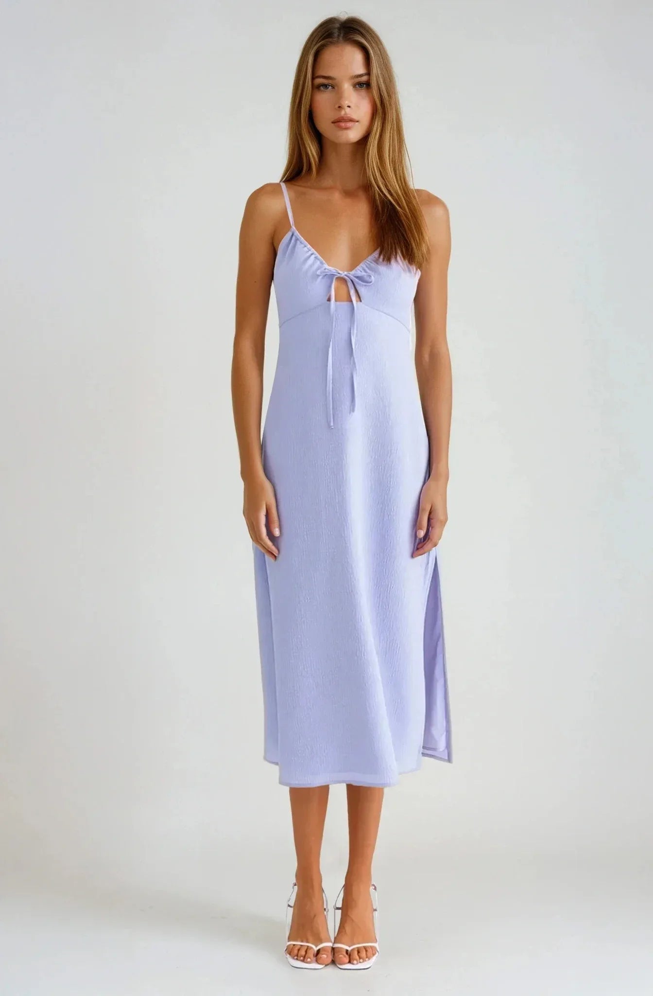 Lavender Midi Dress with Bow Detail - Elegant Purple Dress Lavender Midi Dress with Bow Detail - Elegant Purple Dress