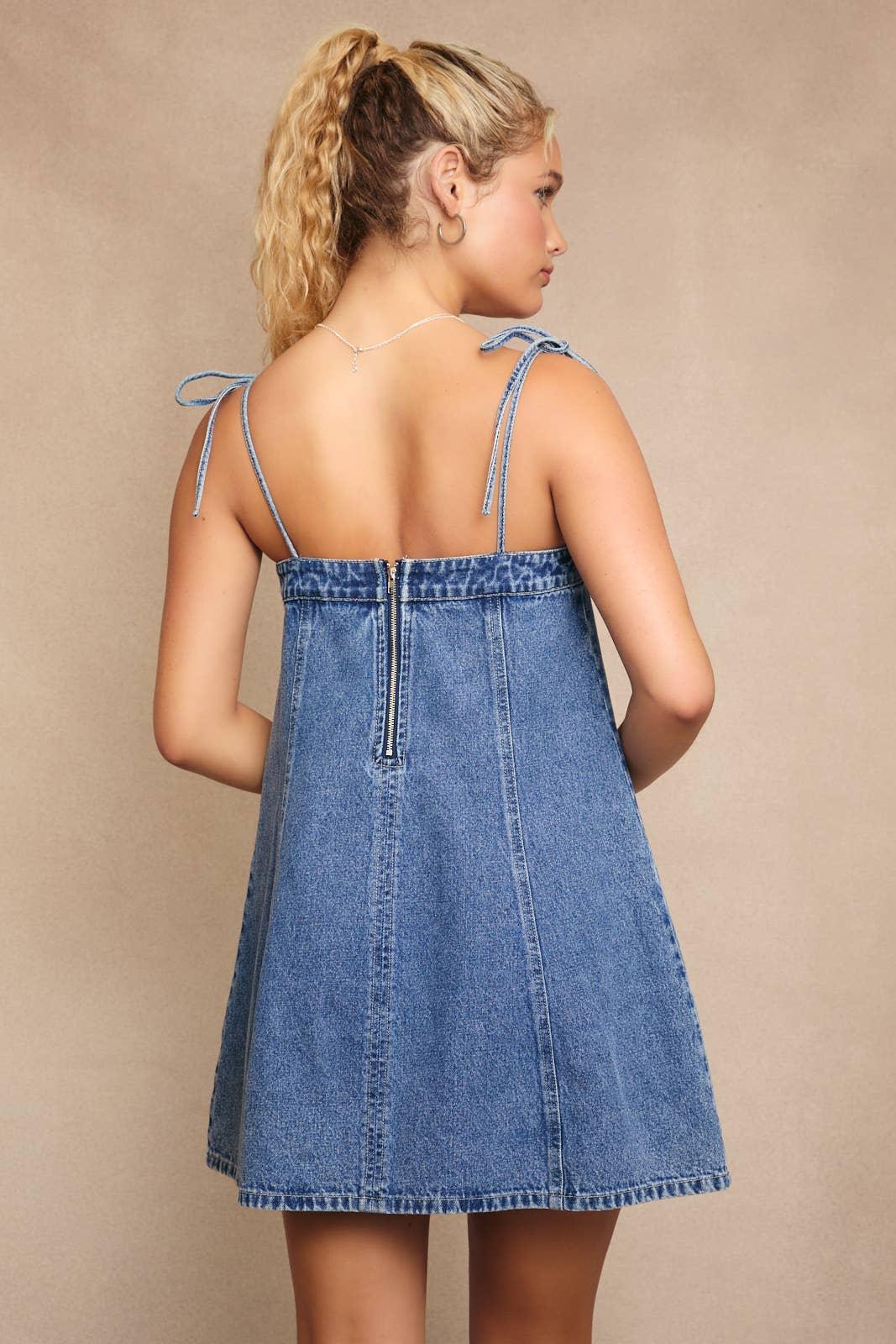 Lace-Up Bow Detail Denim Mini Dress - Drop Waist Spaghetti Strap | Styled by Ashley Brooke Lace-Up Bow Detail Denim Mini Dress - Drop Waist Spaghetti Strap | Styled by Ashley Brooke