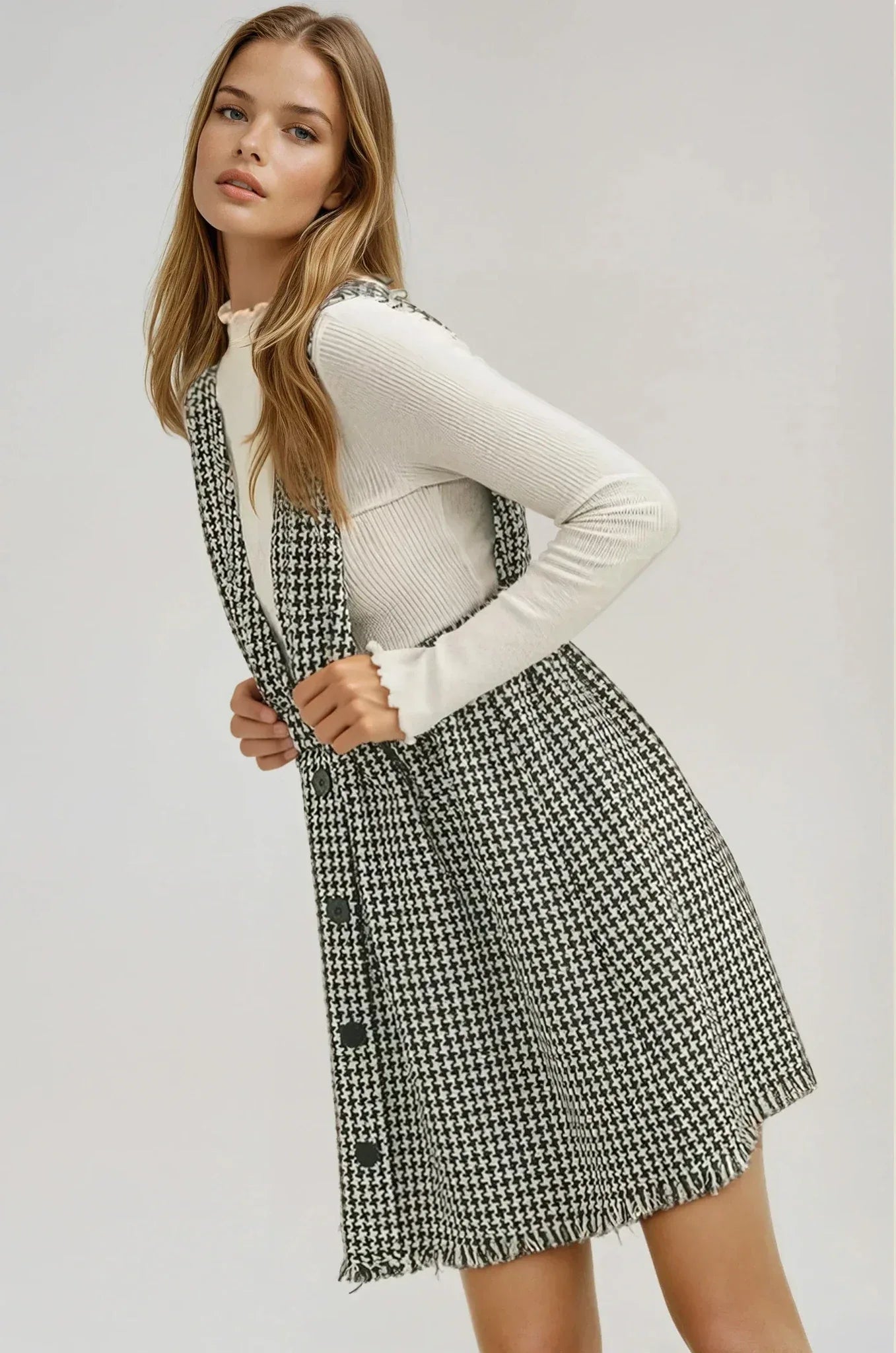 black and white tweed dress Shirley Long Sleeve Plaid Midi Designed with short puff sleeves Black and White Tweed Dress