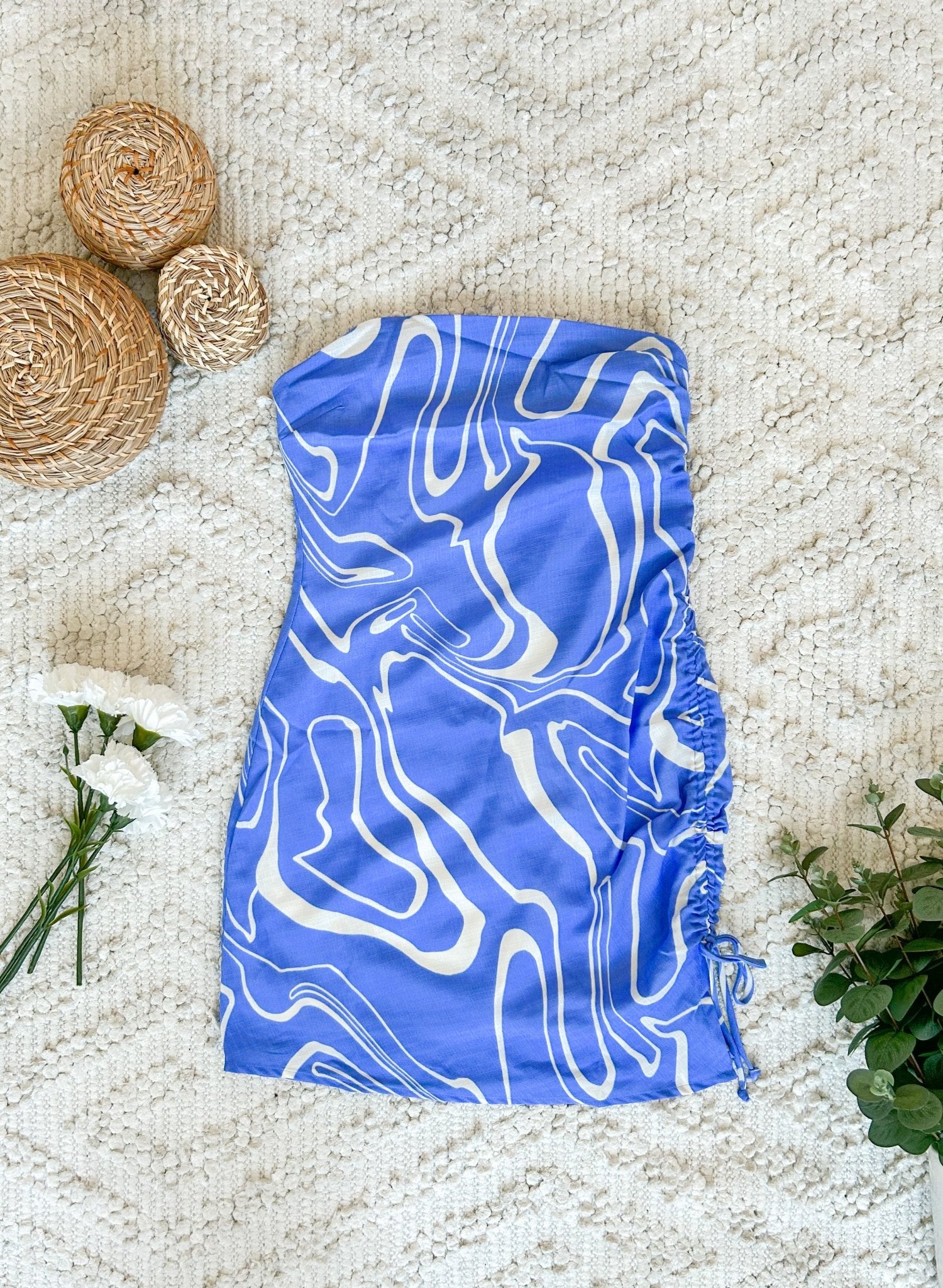 Blue Abstract Strapless Mini Dress - Styled by Ashley Brooke