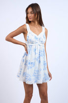 Blue Floral Print Ruffle Lace Trim Mini Dress - Styled by Ashley Brooke