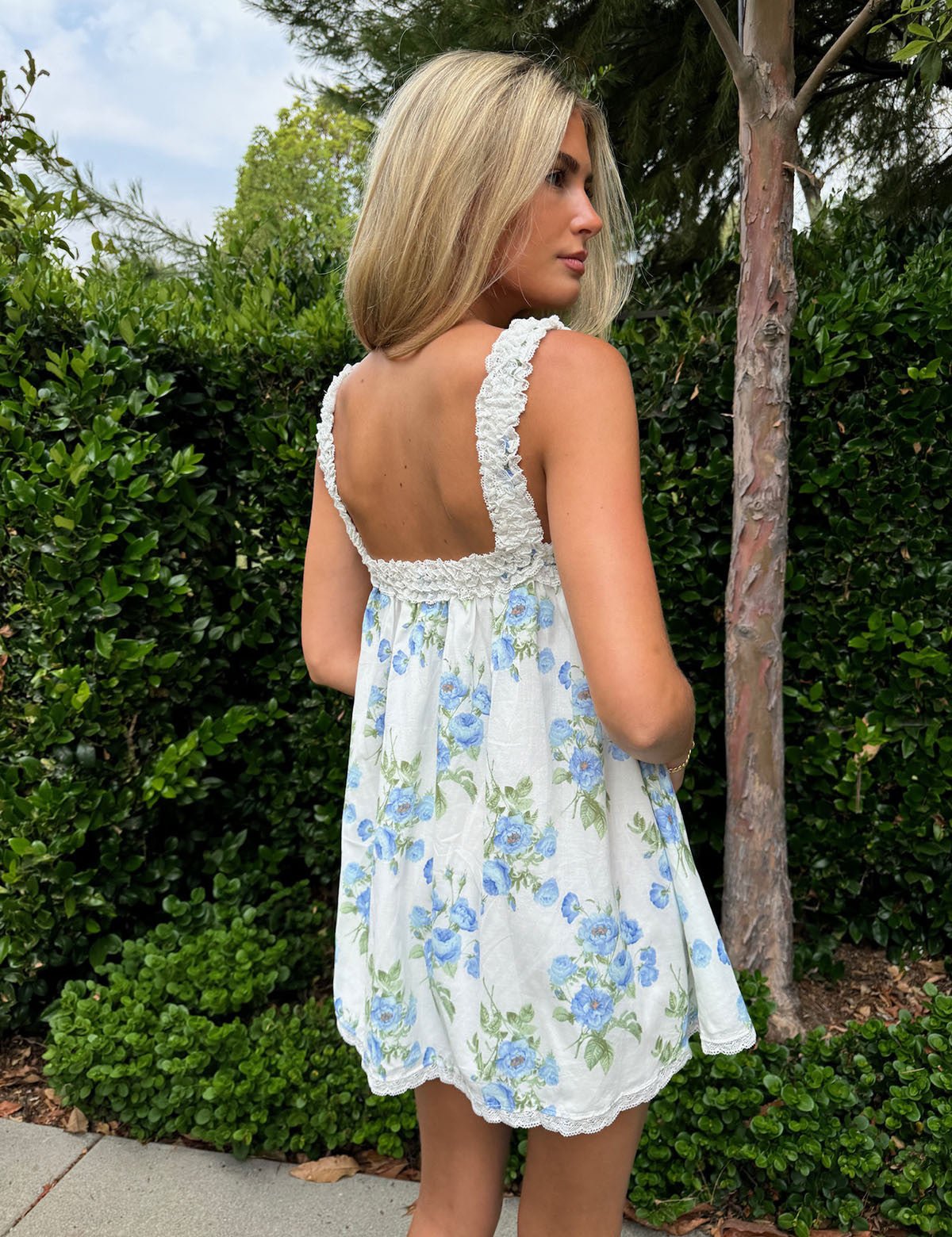 Blue Floral Print Ruffle Lace Trim Mini Dress - Styled by Ashley Brooke