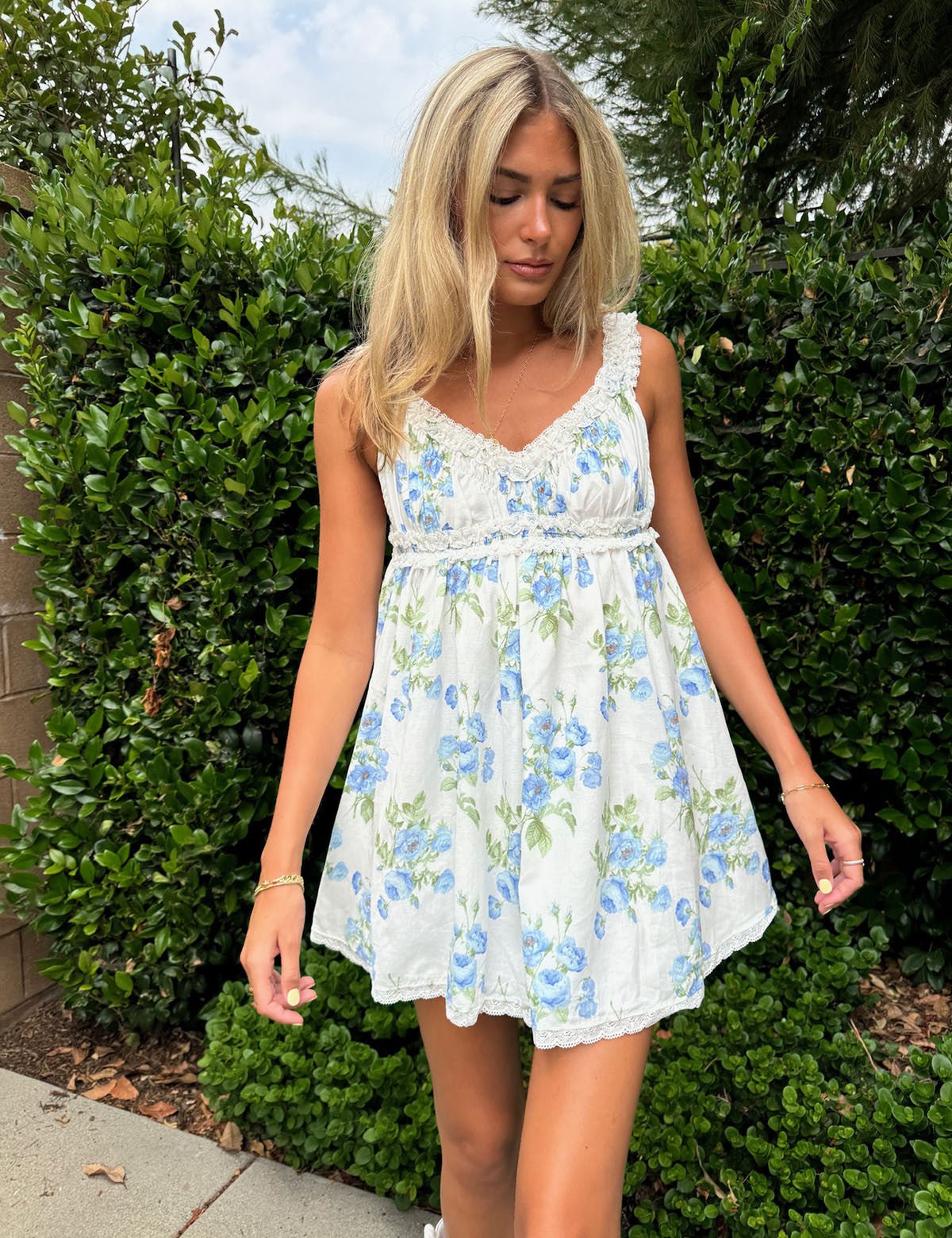 Blue Floral Print Ruffle Lace Trim Mini Dress - Styled by Ashley Brooke