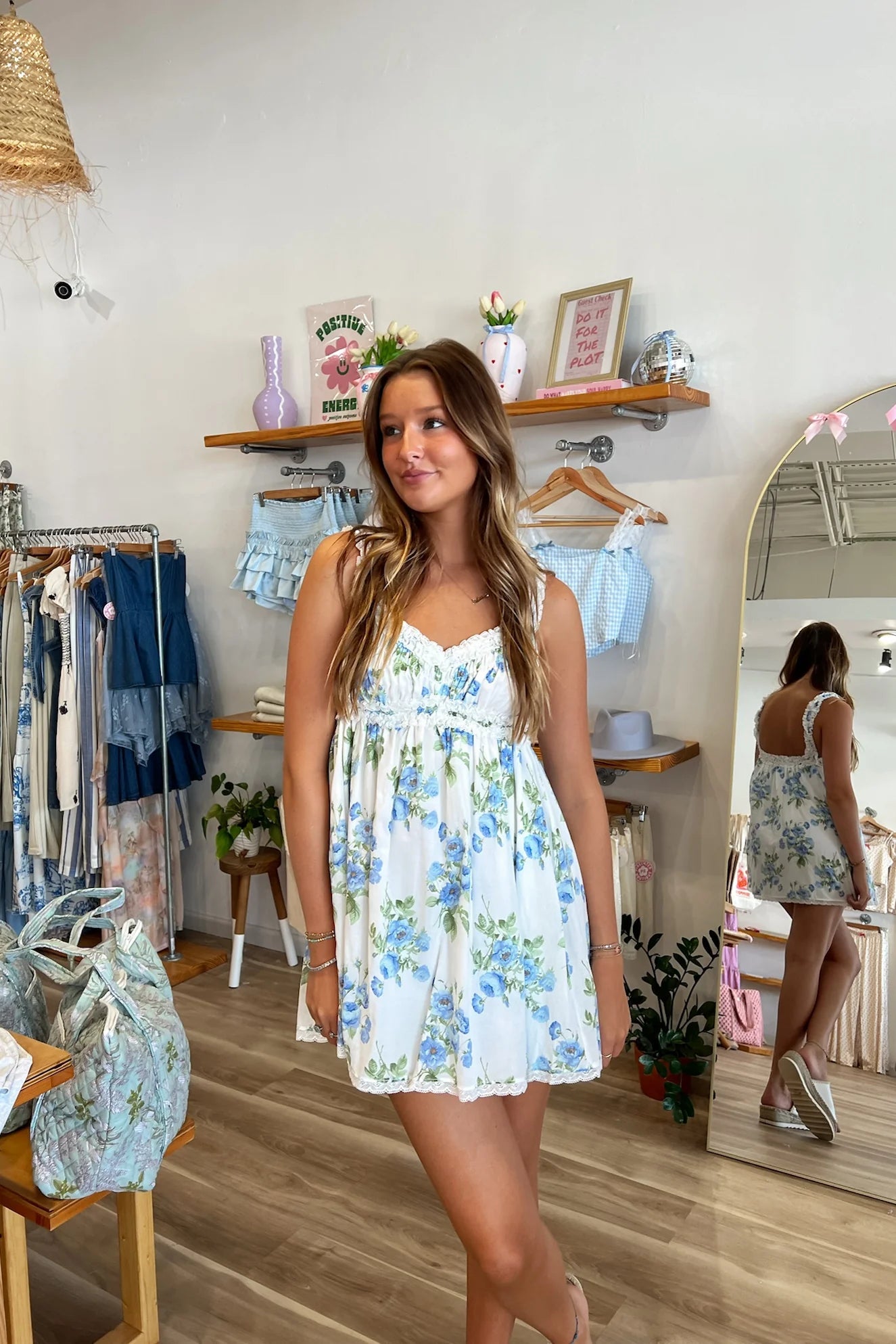 Blue Floral Print Ruffle Lace Trim Mini Dress - Styled by Ashley Brooke