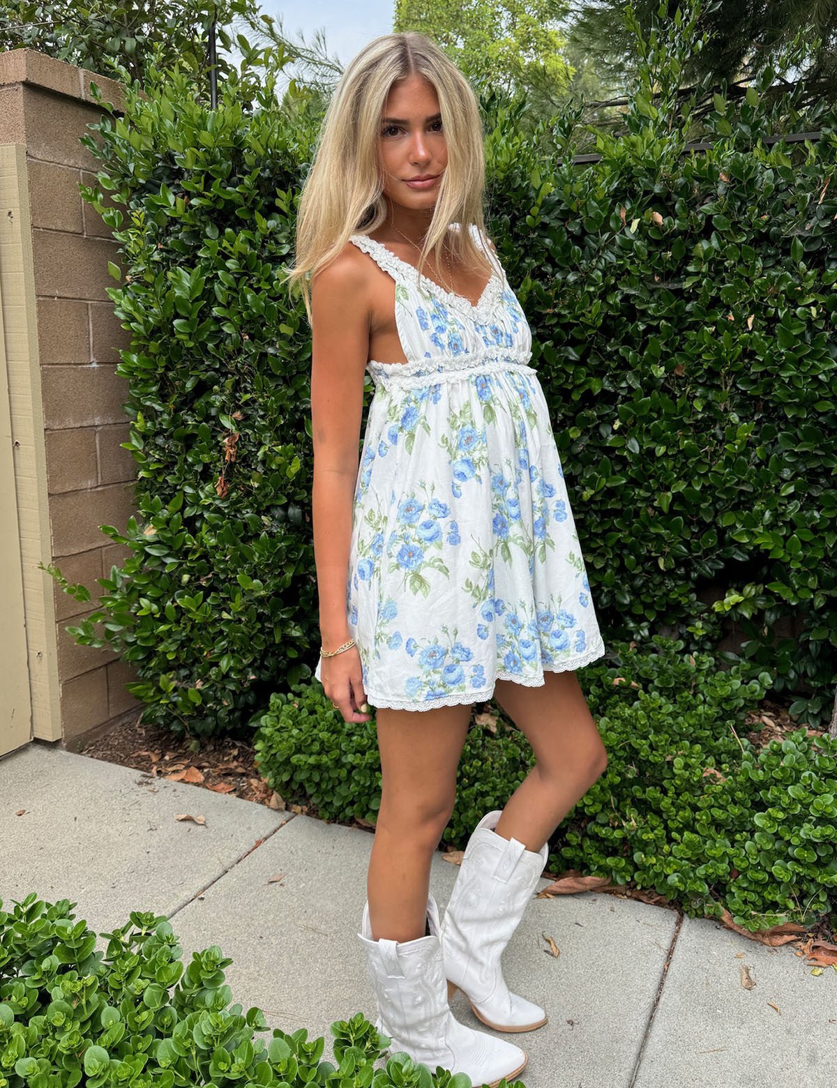 Blue Floral Print Ruffle Lace Trim Mini Dress - Styled by Ashley Brooke