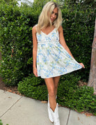 Blue Floral Print Ruffle Lace Trim Mini Dress - Styled by Ashley Brooke