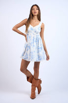 Blue Floral Print Ruffle Lace Trim Mini Dress - Styled by Ashley Brooke