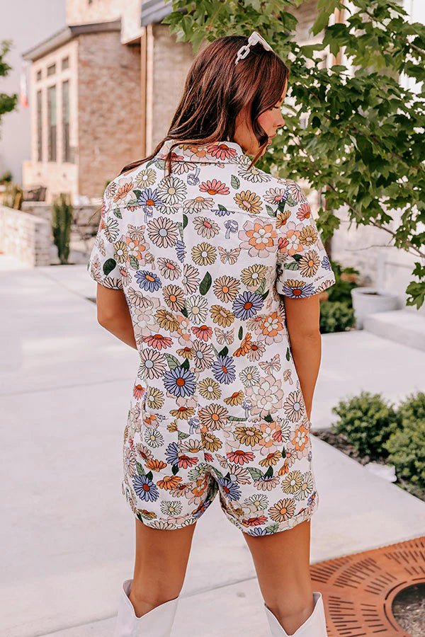 Butterfly, Mushroom and Floral Print Denim Romper - Styled by Ashley Brooke