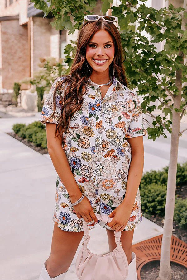 Butterfly, Mushroom and Floral Print Denim Romper - Styled by Ashley Brooke