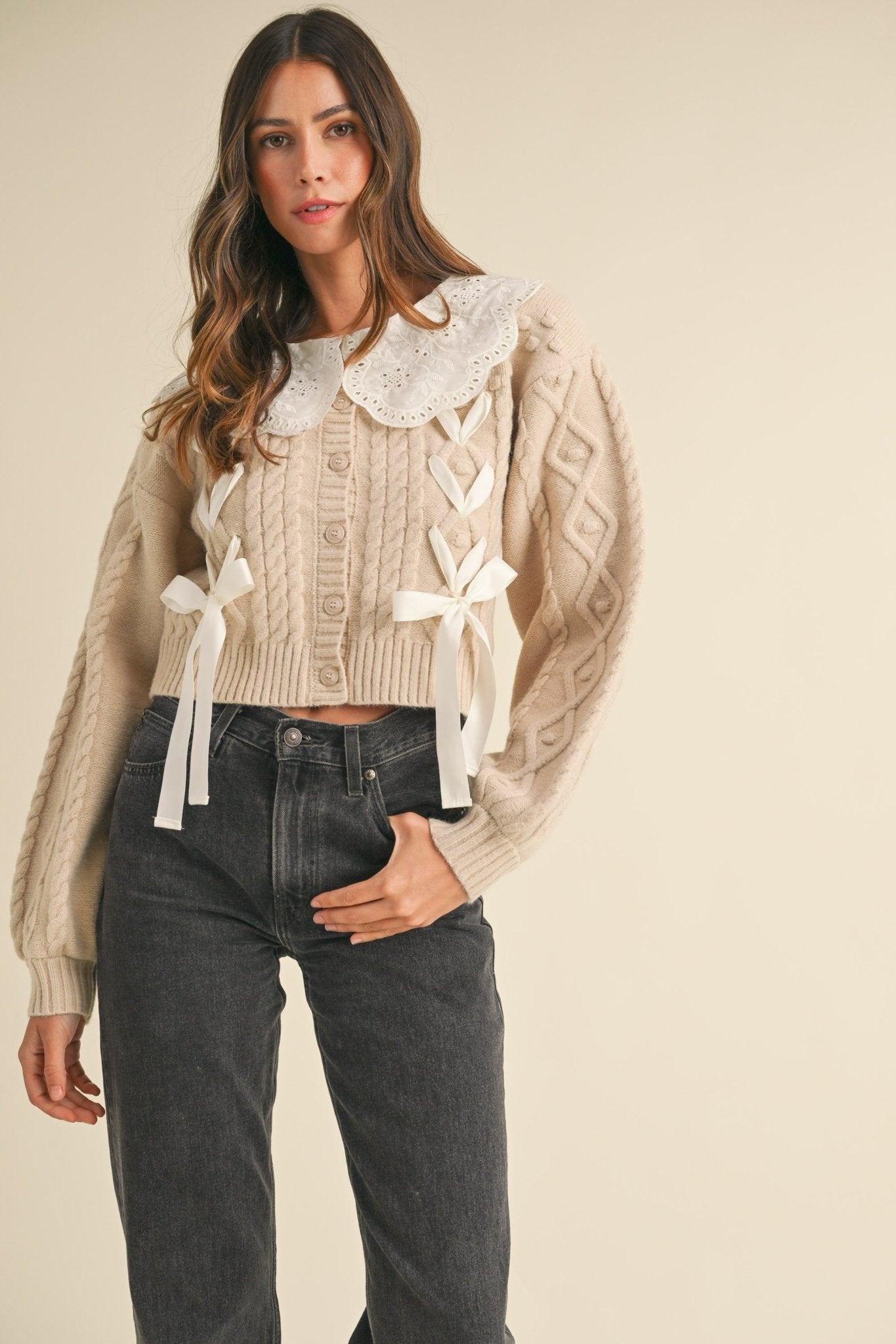 Cable Knit Cardigan with Bows - Styled by Ashley Brooke