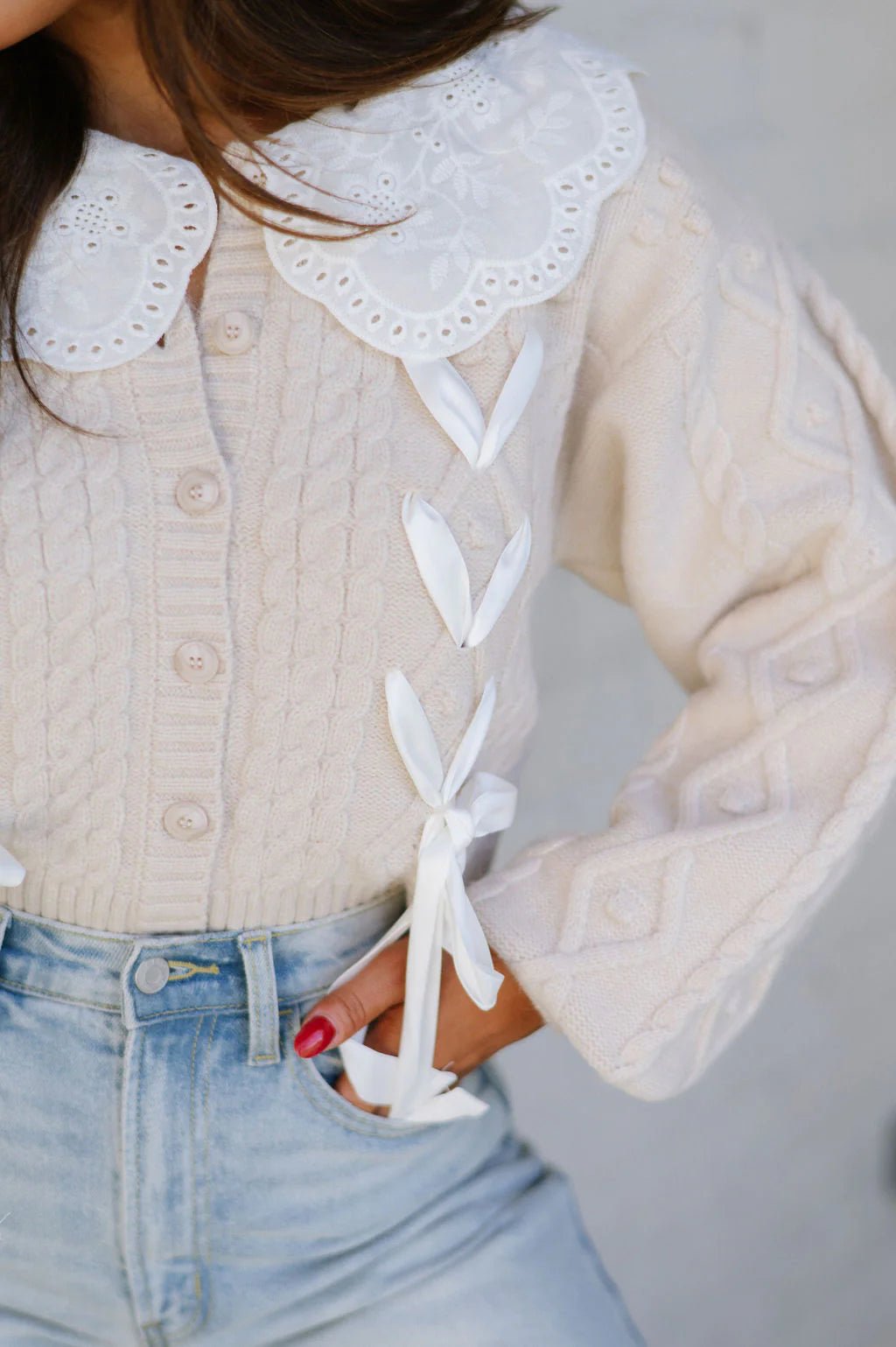 Cable Knit Cardigan with Bows - Styled by Ashley Brooke