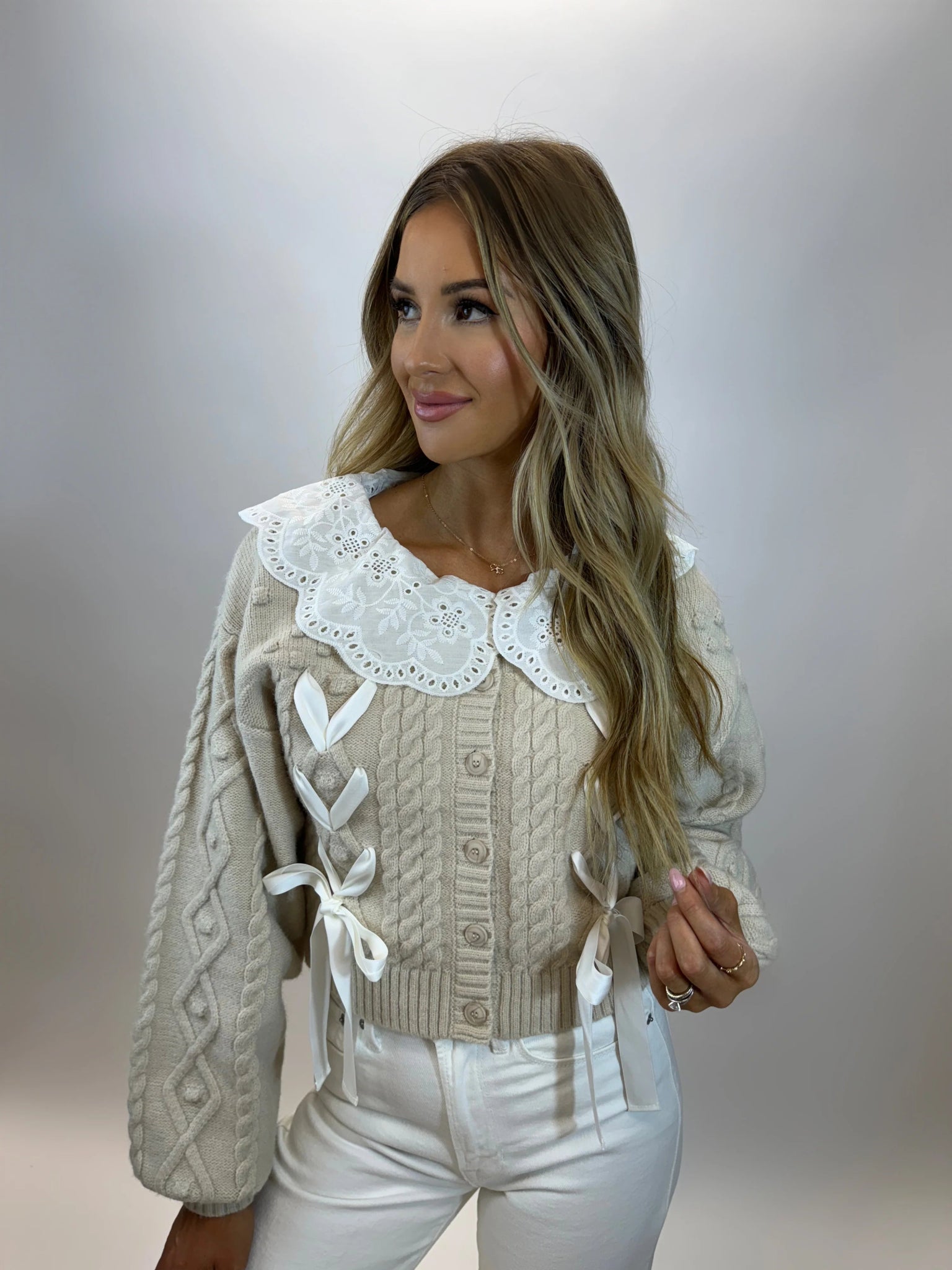 Cable Knit Cardigan with Bows - Styled by Ashley Brooke