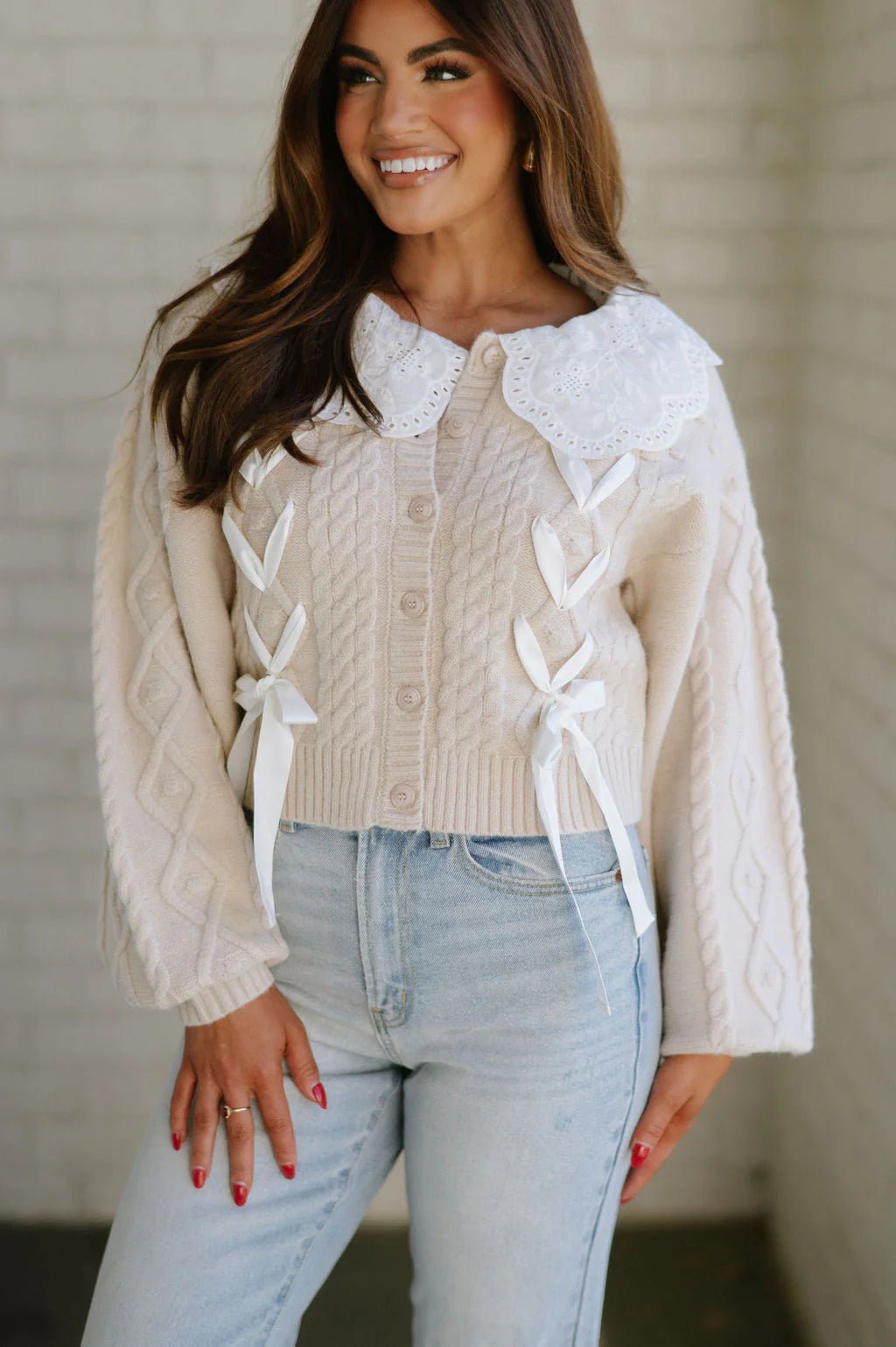 Cable Knit Cardigan with Bows - Styled by Ashley Brooke