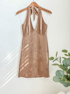 Copy of Tan Velvet Halter Bodycon Mini Dress - Styled by Ashley Brooke